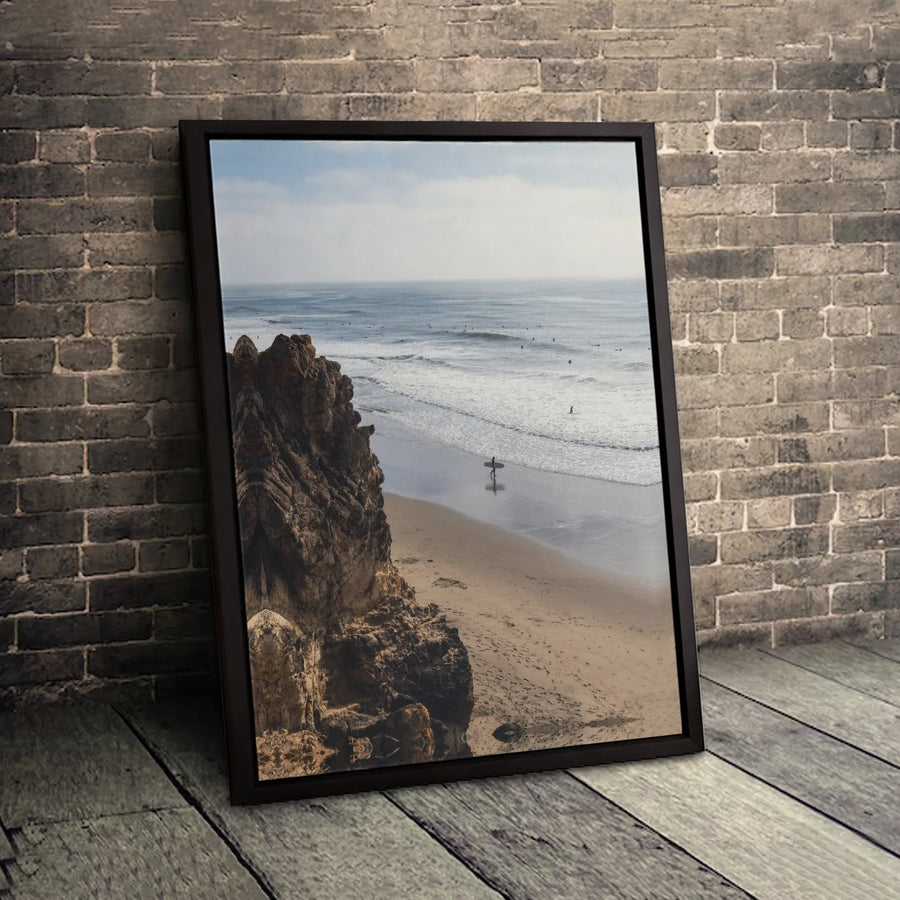 Surfer Beach Wall Art | Rocky Cliff Ocean Landscape Canvas | Premium Gallery-Wrap Print | Coastal Home Decor Gift for Ocean Lovers