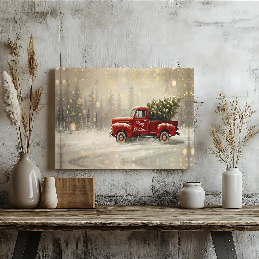 Merry Christmas Red Truck Canvas Print | Snowy Winter Forest Scene | Premium 1.25-Inch Gallery Wrap | Festive Holiday Farmhouse Wall Art Decor