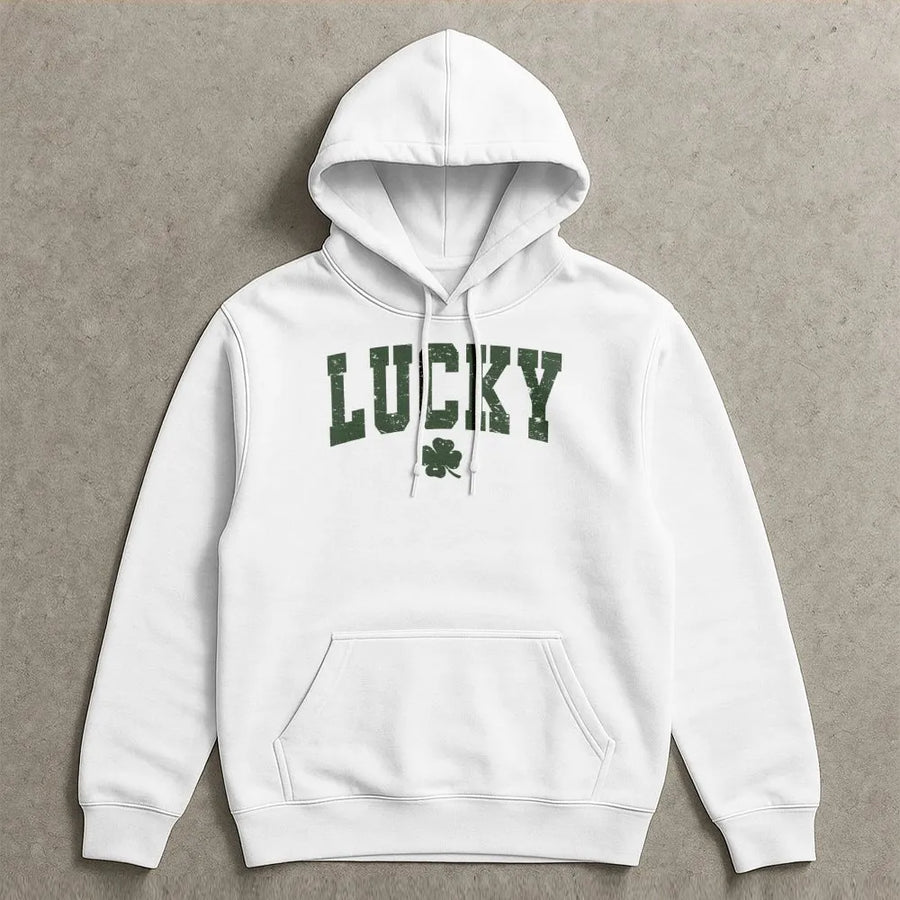 Lucky Shamrock Hoodie | Distressed Collegiate Font Graphic | Premium Cotton Blend | St. Patricks Day Gift For Her Him