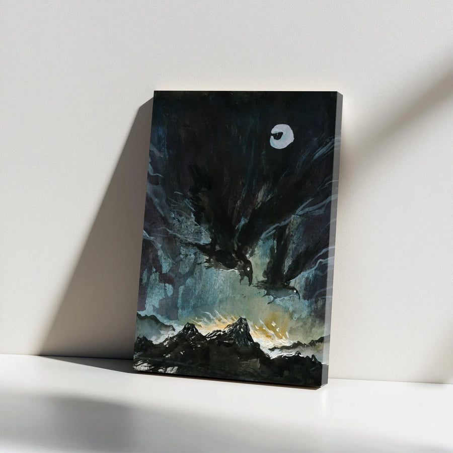 Gothic Raven Wall Art | Dark Fantasy Crow Painting Over Mountains | Premium Gallery Wrapped Canvas | Dark Academia Room Decor Gift