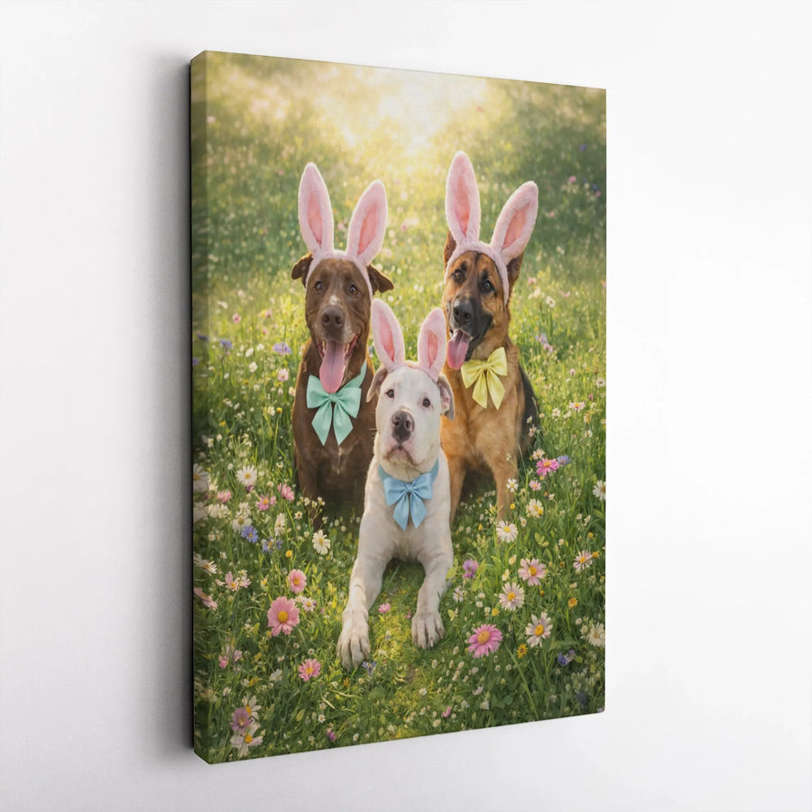 Easter Dogs Canvas Art | Pitbull German Shepherd with Bunny Ears | Premium Matte Canvas | Spring Holiday Home Decor Gift for Dog Lover