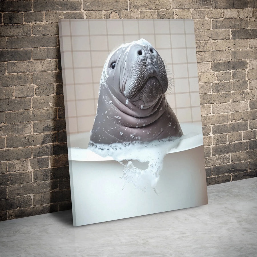 Funny Manatee Canvas Wall Art | Bubble Bath Animal Portrait | Premium Gallery Wrap Decor | Unique Bathroom Gift for Ocean Lovers