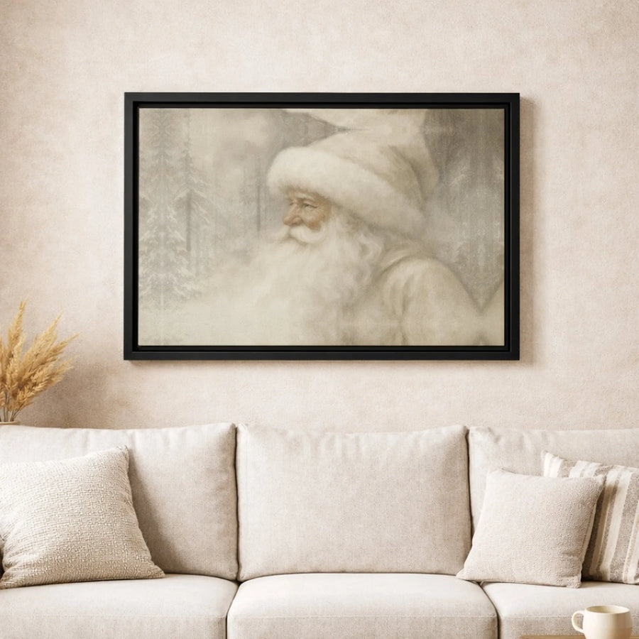 Vintage Santa Claus Wall Art | Neutral Snowy Woods Portrait | Premium Fade-Resistant Canvas | Rustic Christmas Holiday Home Decor