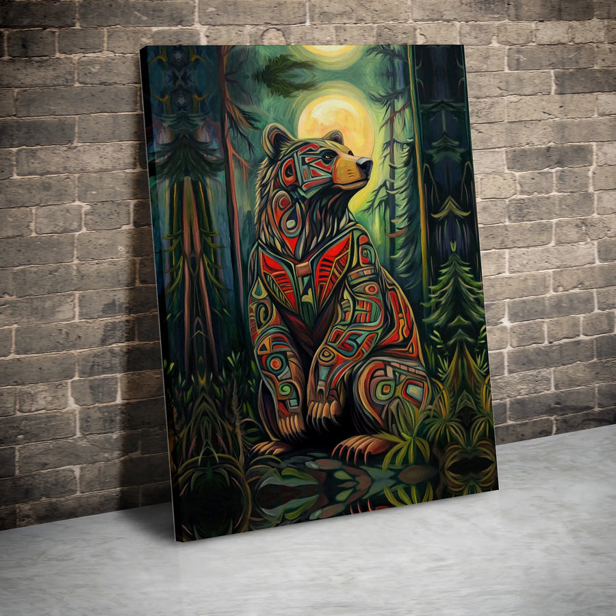 Tribal Bear Canvas Wall Art | Pacific Northwest Geometric Forest Print | Premium Fade-Resistant Gallery Wrap | Wildlife Home Decor Gift