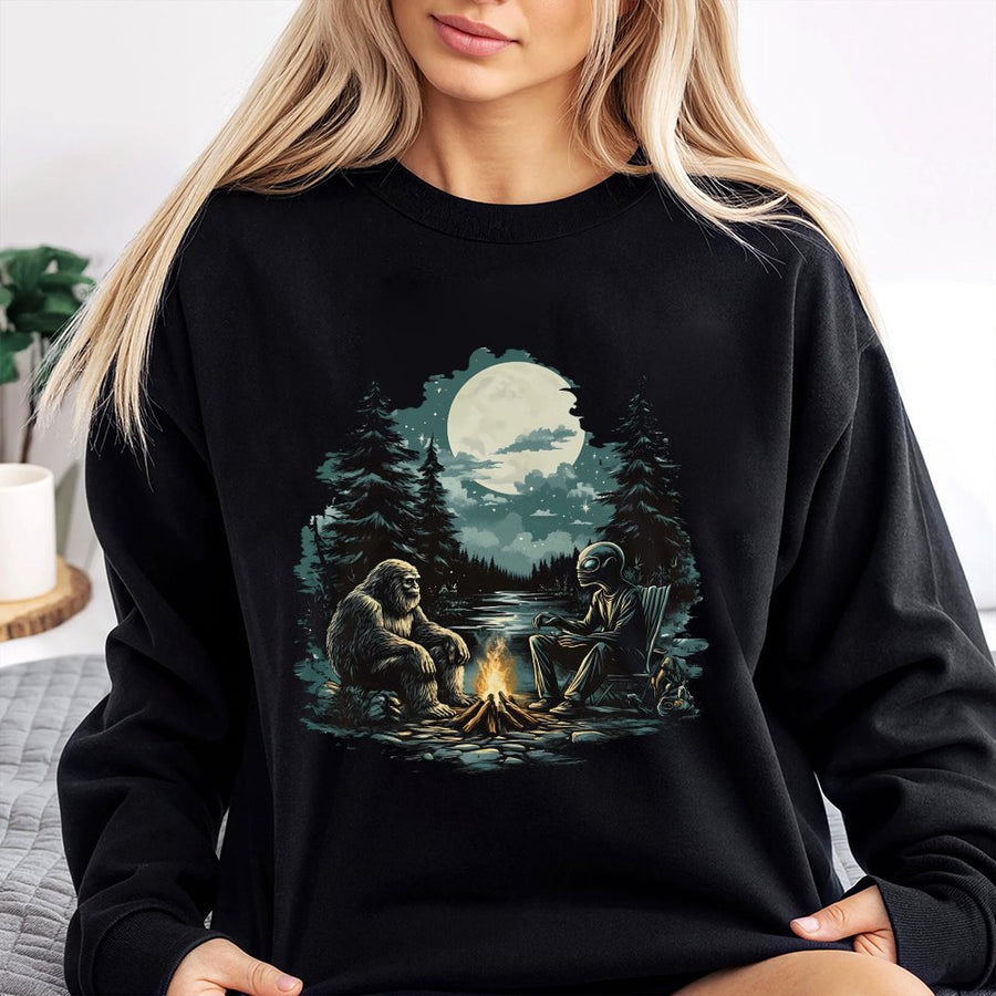 Bigfoot and Alien Camping Sweatshirt | Funny Cryptid Campfire Graphic | Premium Cotton Blend Crewneck | Unique Gift for UFO Enthusiasts