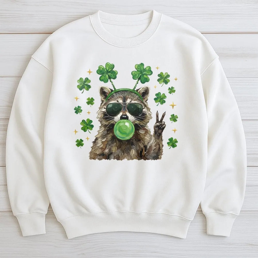 Lucky Raccoon Sweatshirt | Peace Sign Shamrock Bubblegum Graphic | Premium Cotton Blend | St. Patricks Day Gift for Men and Women
