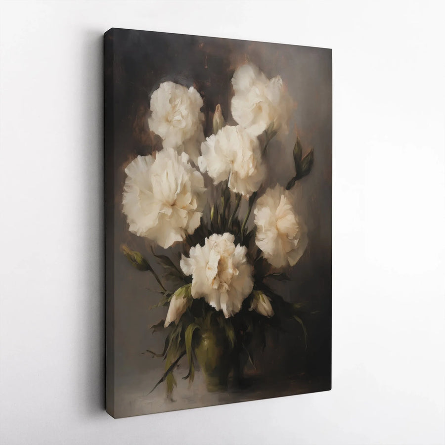 Moody Floral Canvas Print | Dark Academia White Flower Painting | Premium Gallery Wrapped Canvas | Classic Home Decor Gift