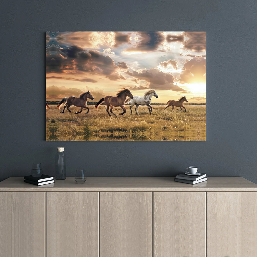 Wild Horse Canvas Wall Art | Running Horses at Sunset Landscape | Premium Gallery Wrap Print | Western Home Decor Gift for Horse Lovers