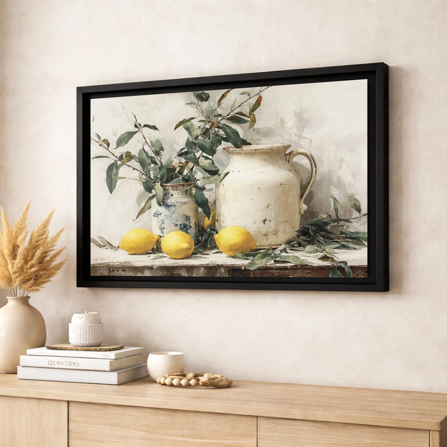Rustic Lemon Still Life Canvas Wall Art | Mediterranean Kitchen Pitcher Print | Premium 1.25" Gallery Wrap | Farmhouse Decor for Dining Room