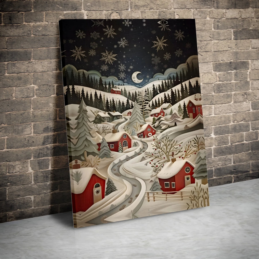 Winter Village Canvas Wall Art | Snowy Night Red House Landscape | Premium Gallery-Wrapped Print | Christmas Home Decor Gift for Holidays