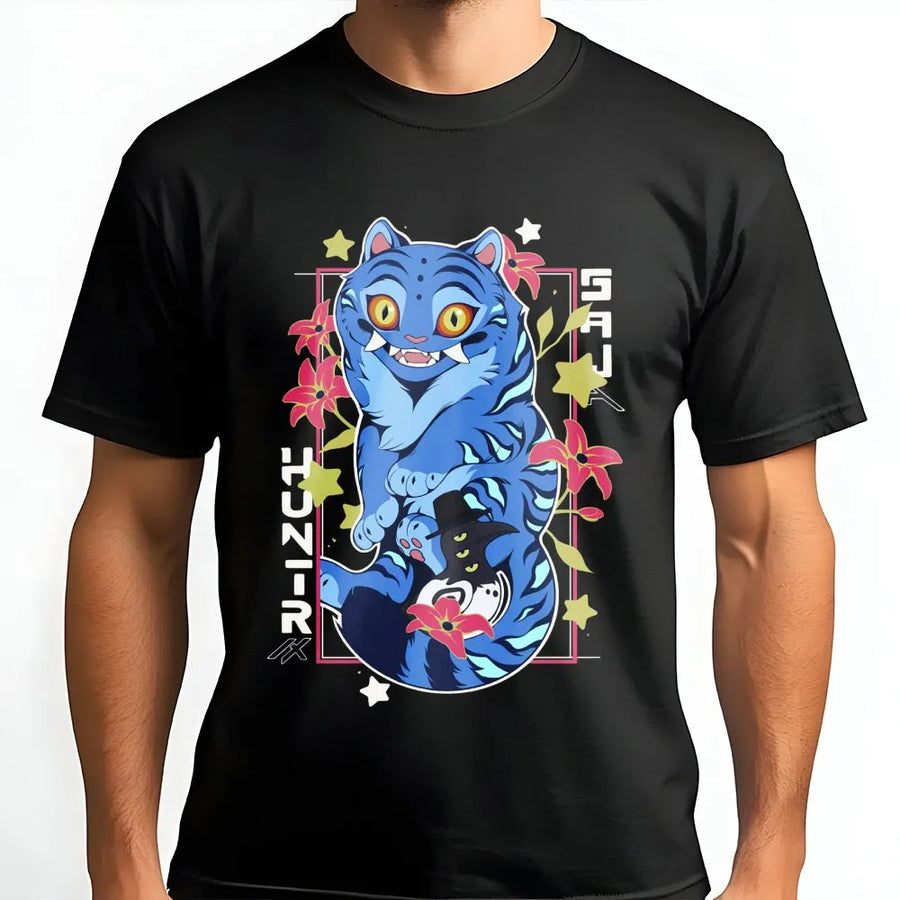 Cute Tiger Graphic T-Shirt | Anime Style Blue Cat Design | Premium Soft Cotton | Y2K Streetwear Apparel for Anime Lovers