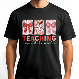 Teaching Sweet Hearts T-Shirt | Valentine Teacher Apple Bow Graphic | Premium Cotton Apparel | Cute Teacher Appreciation Valentine's Day Gift