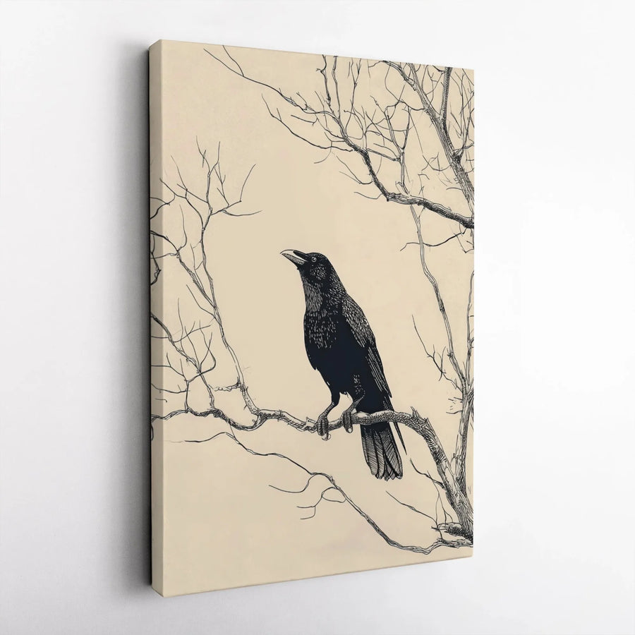 Black Crow Canvas Print | Vintage Botanical Raven Sketch | 1.25-inch Premium Gallery Wrap | Gothic Home Decor Wall Art Gift