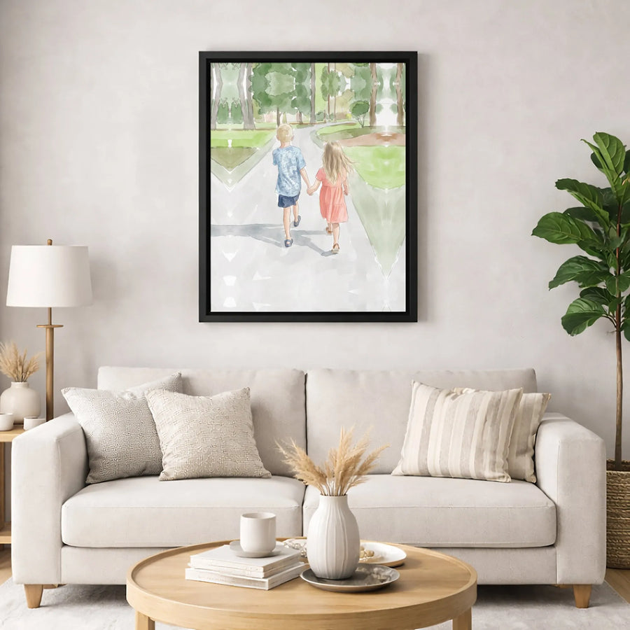 Boy and Girl Walking Canvas Art | Watercolor Kids Holding Hands Print | Premium 1.25 Inch Gallery Wrap | Sentimental Home Decor Gift