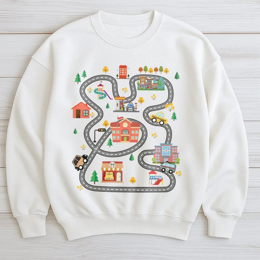 Car Track Dad Sweatshirt | Interactive Road Map Play Print | Premium Cotton Blend | Funny Father's Day 2026 Gift for Dads