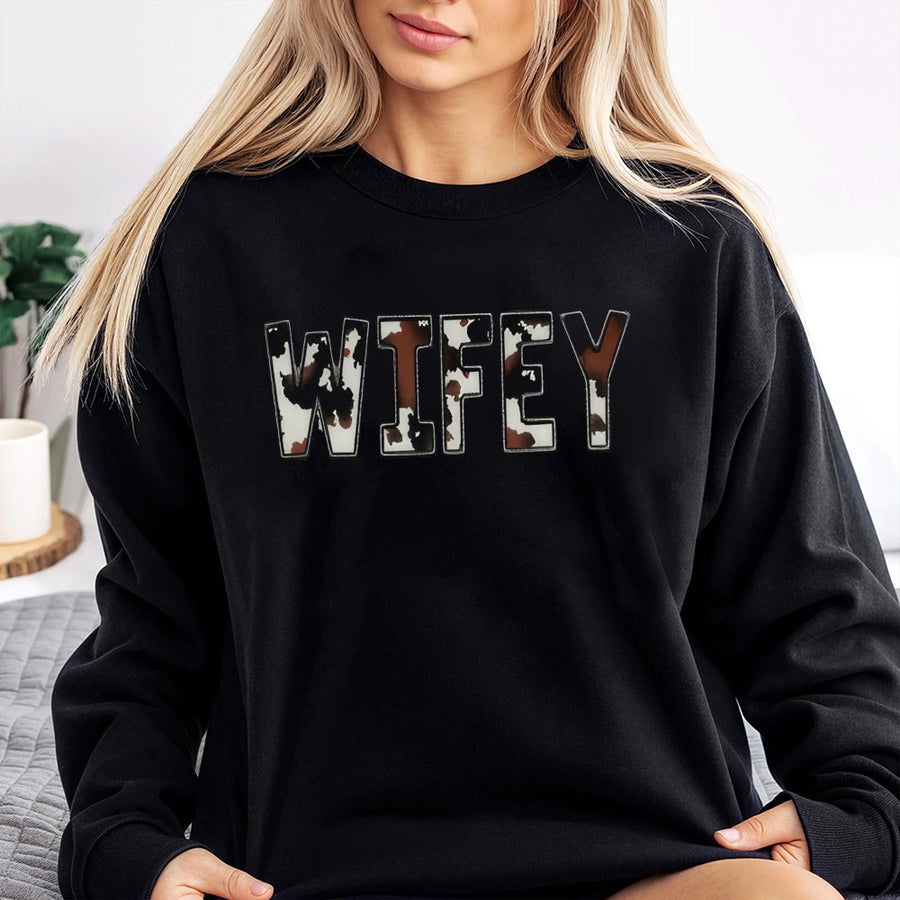 Western Wifey Sweatshirt | Cow Print Lettering Graphic | Premium Cotton Blend | Bridal Gift for Newlywed Wife Bride to Be