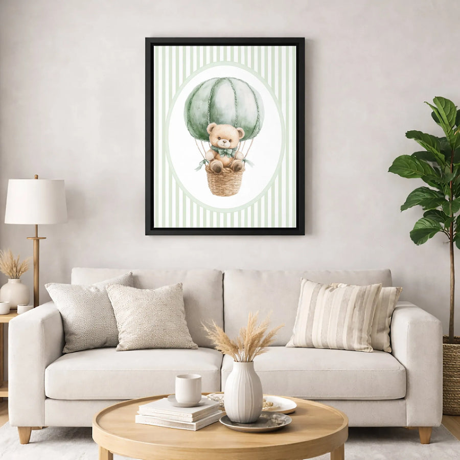 Watercolor Teddy Bear Wall Art | Sage Green Hot Air Balloon Print | Gallery Quality 1.25" Thick Canvas | Nursery Decor Gift for Kids