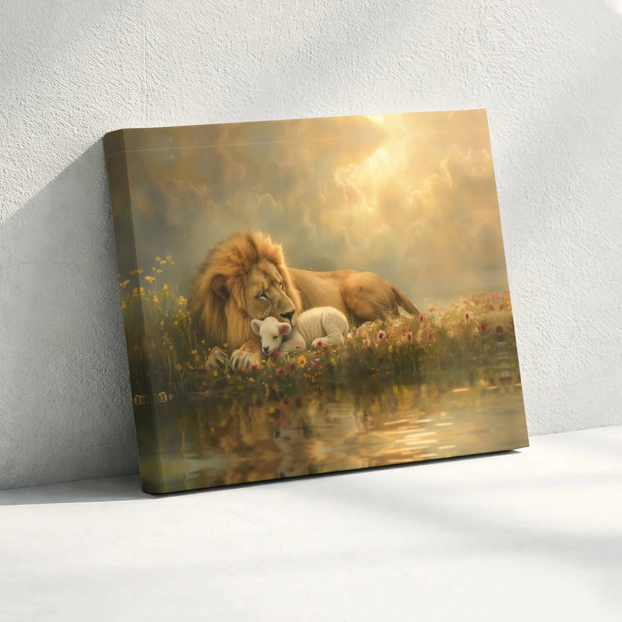Lion and Lamb Wall Art | Christian Religious Painting | Premium Gallery-Wrapped Canvas | Peaceful Home Decor Gift for Believers