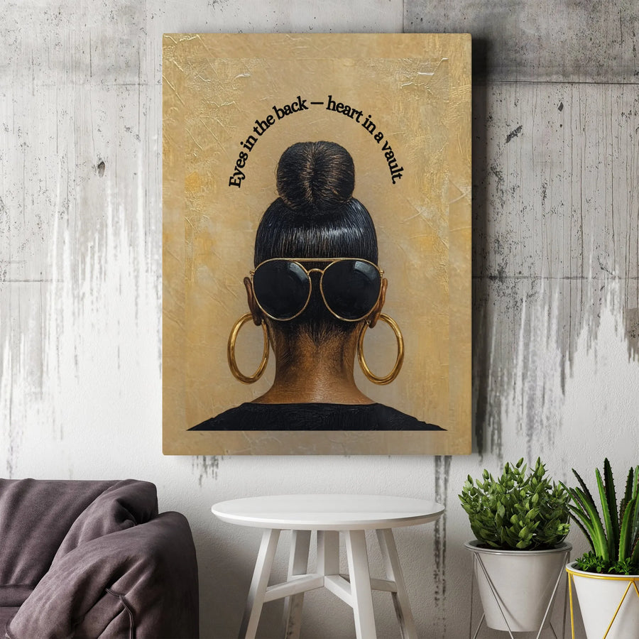 Black Woman Canvas Print | Eyes in the Back Heart in a Vault Quote | Premium Stretched Canvas | Modern Afrocentric Home Decor Gift for Her