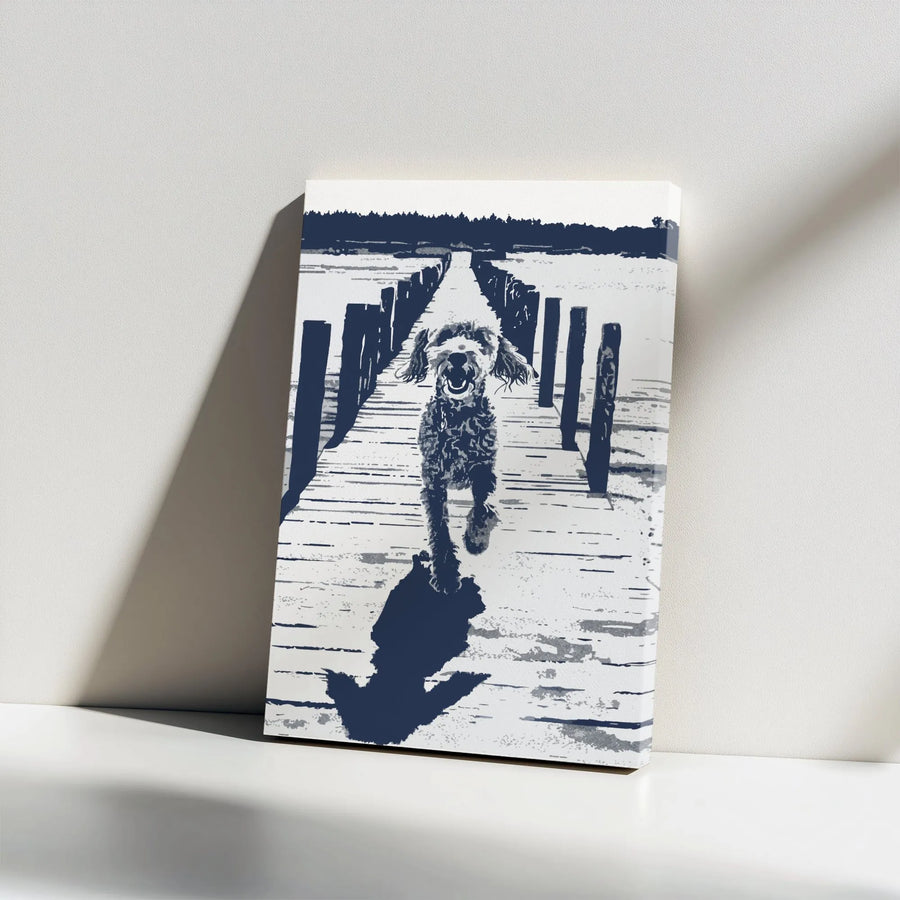 Doodle Dog Wall Art | Happy Labradoodle Running on Pier Print | Gallery Wrap Canvas | Premium Pet Lover Home Decor Gift