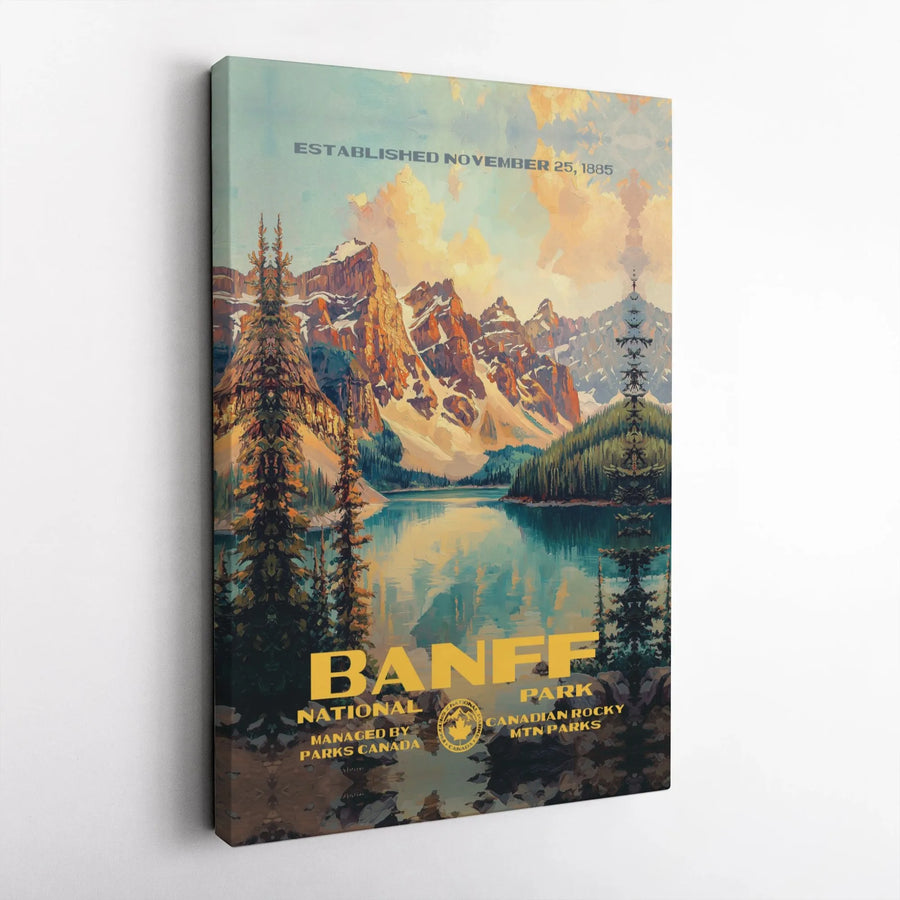 Banff National Park Canvas Art | Vintage Rocky Mountains Travel Poster | Premium Gallery Wrap Wall Decor | Nature Lover Adventure Gift