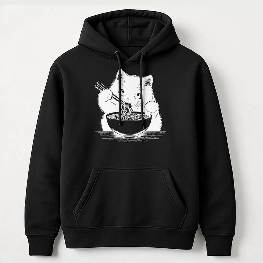 Ramen Cat Hoodie | Cute Kawaii Anime Kitten Eating Noodles | Premium Soft Unisex Pullover | Funny Japanese Foodie Gift for Cat Lovers