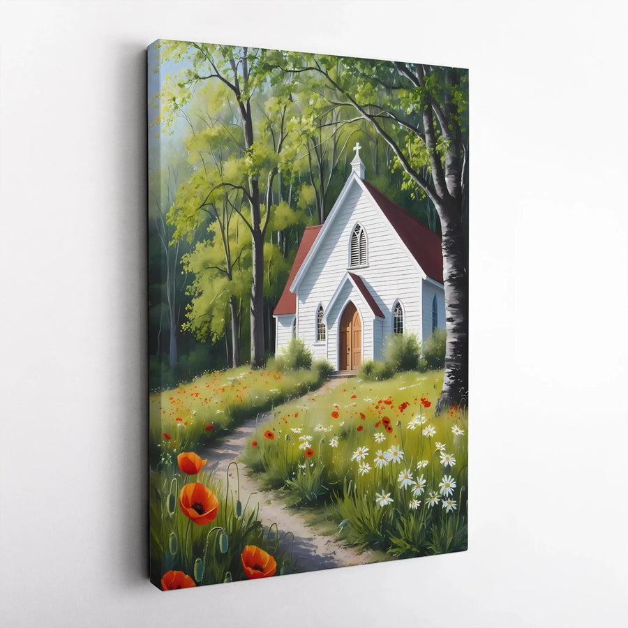 White Chapel Forest Painting | Wildflower Meadow Landscape Wall Art | Gallery Quality Premium Canvas | Serene Christian Home Decor Gift