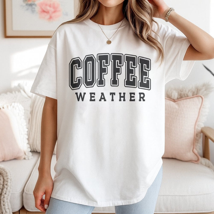Coffee Weather T-Shirt | Varsity Lettering Graphic Tee | 100% Cotton Premium Quality | Cozy Fall Outfit Gift for Coffee Lovers