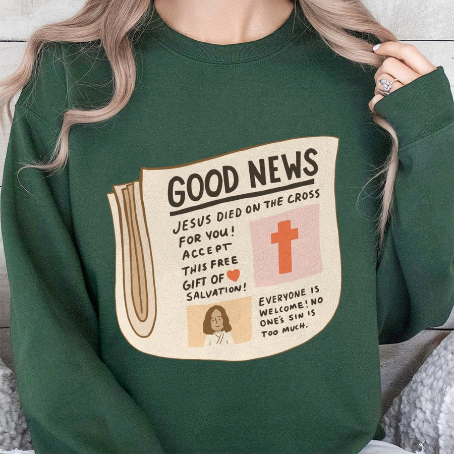 Good News Christian Sweatshirt | Vintage Newspaper Faith Graphic | Premium Cotton Blend | Religious Gift for Men and Women