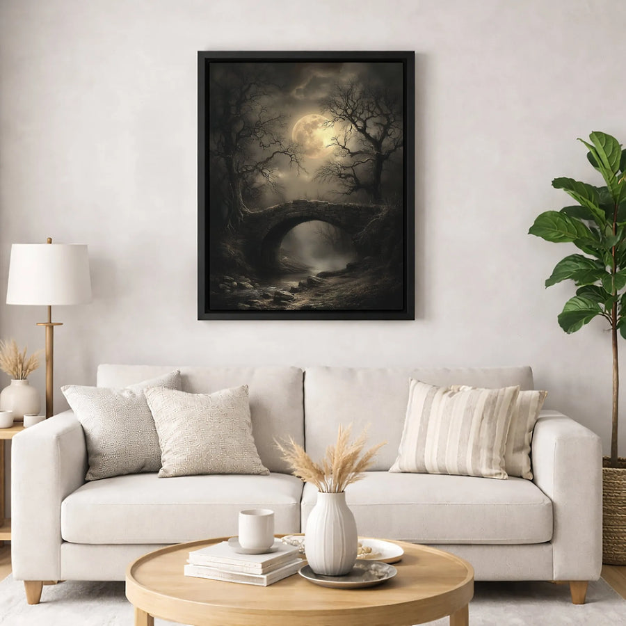 Gothic Forest Wall Art | Eerie Full Moon and Stone Bridge Print | Premium Gallery Wrapped Canvas | Dark Academia Home Decor Gift