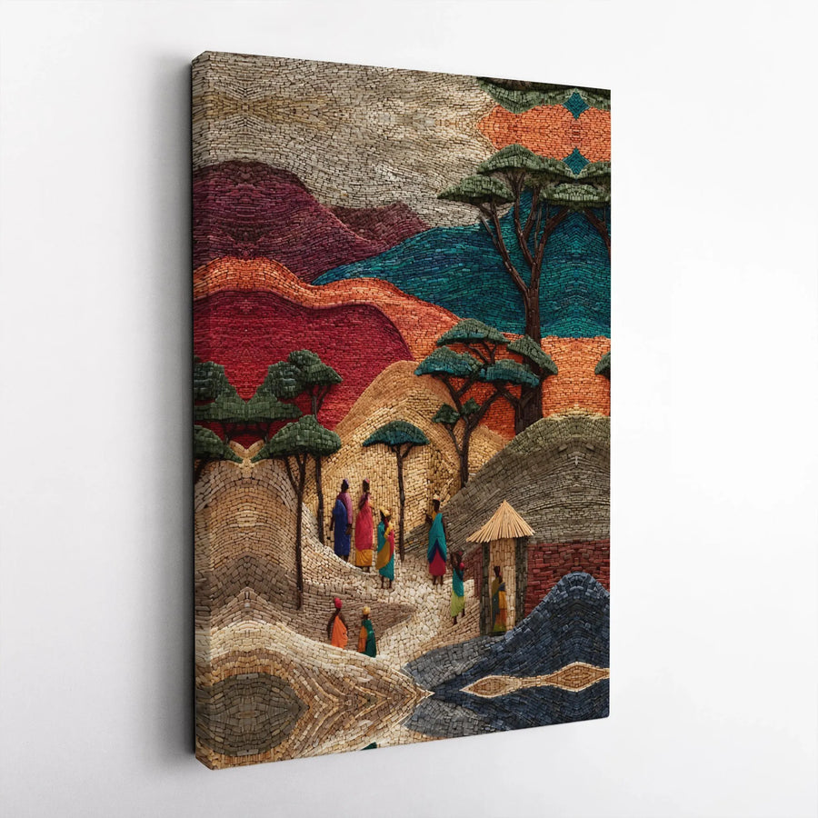 African Village Canvas Wall Art | Textured Mosaic Style Print of Tribal Life | Premium Gallery Wrapped Canvas | Cultural Home Decor Gift