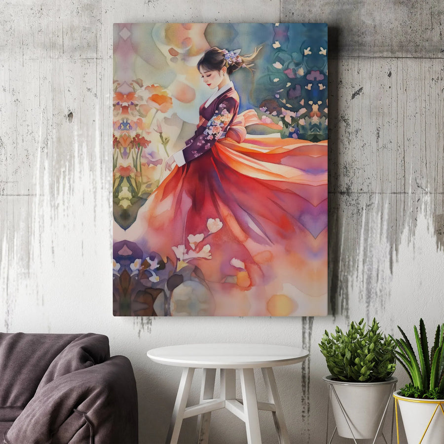 Korean Hanbok Woman Canvas Print | Watercolor Floral Garden Art | Gallery Wrap Wall Decor | Premium Gift for Asian Culture Enthusiasts