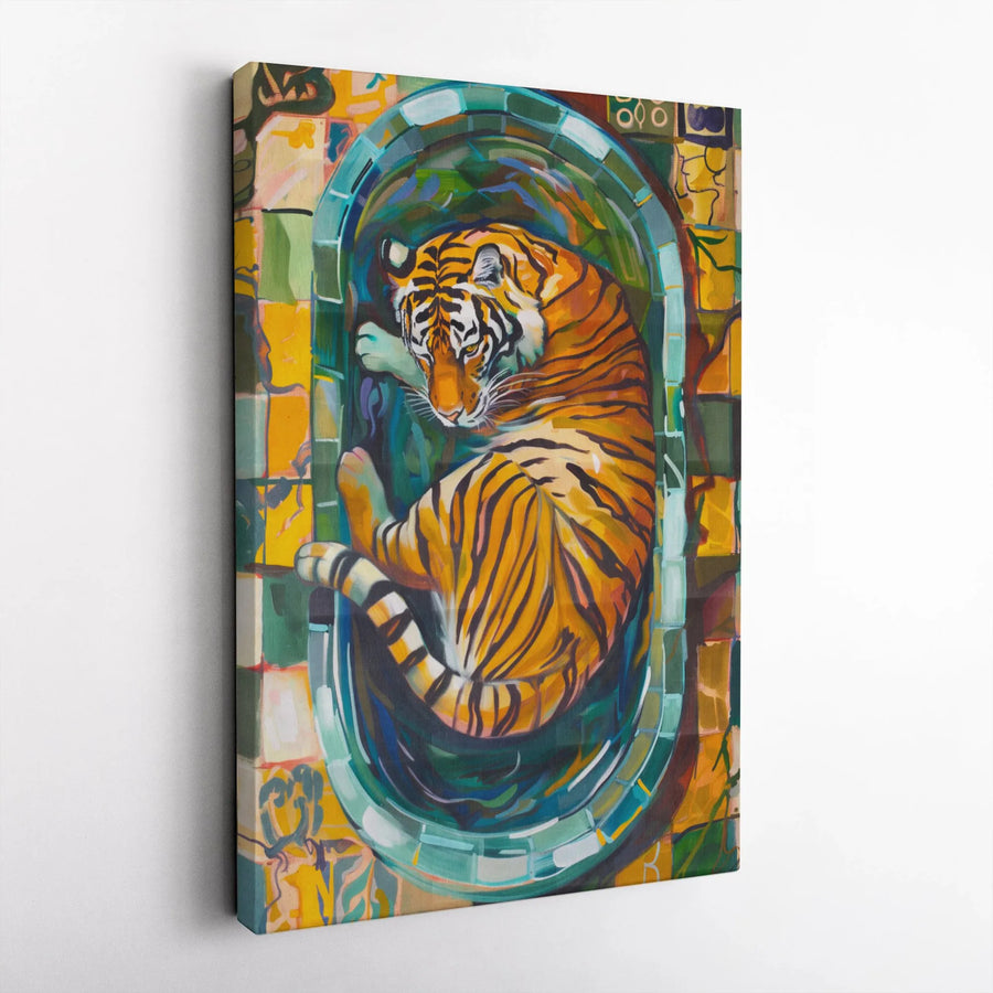 Tiger Canvas Wall Art | Colorful Mosaic Bathtub Painting | Premium Gallery Wrap Decor | Wildlife Animal Print for Home Office