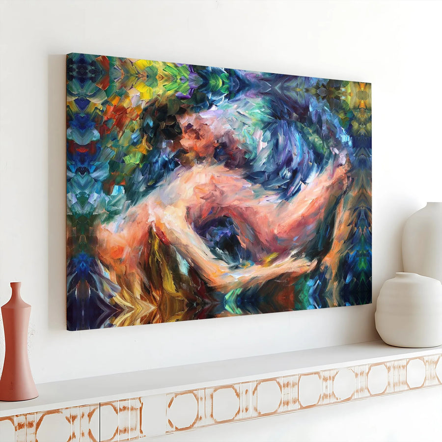 Abstract Lovers Canvas Wall Art | Vibrant Impressionist Couple Painting | Premium Stretched Canvas Print | Modern Romantic Art for Bedroom, Anniversary Gift
