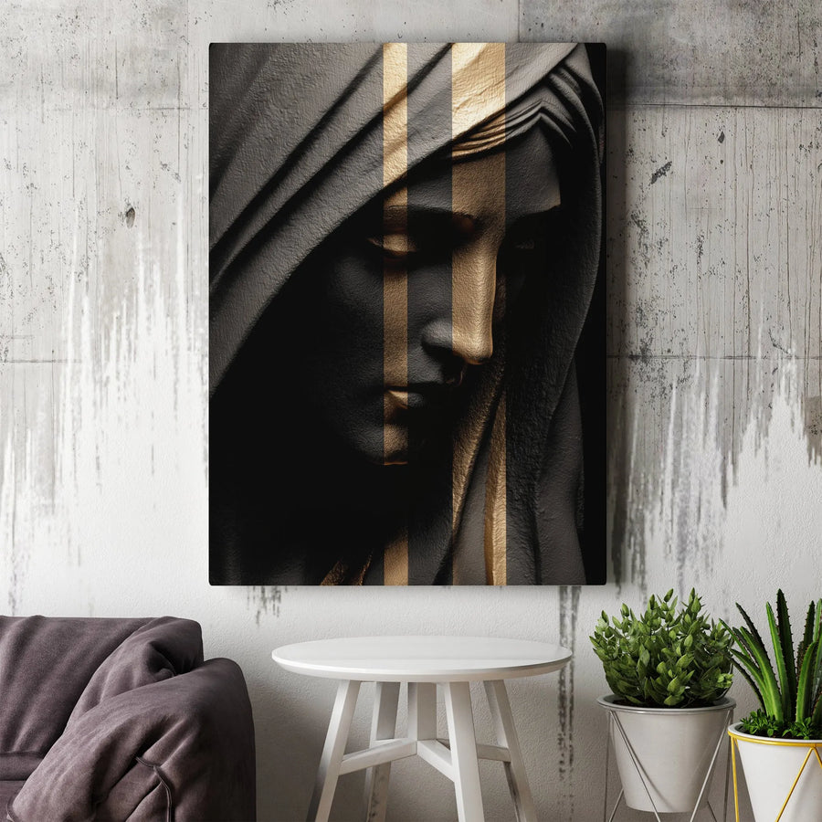 Abstract Woman Portrait Canvas | Black and Gold Stripe Design | Premium Thick Gallery Wrap | Modern Living Room Decor