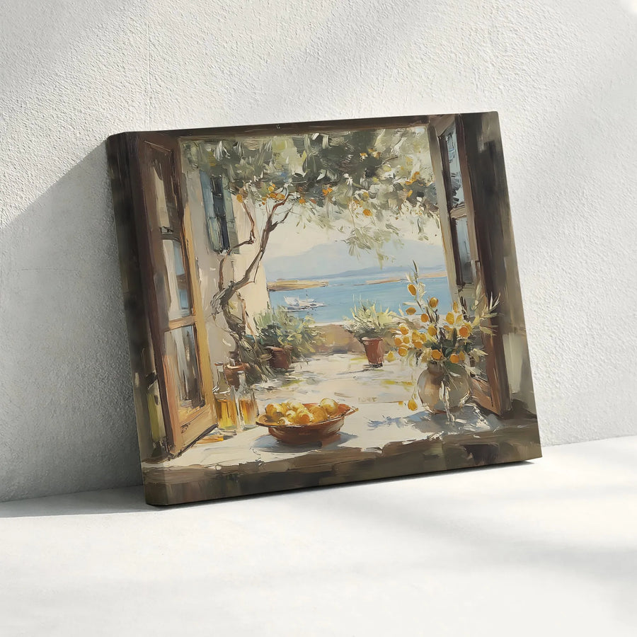 Mediterranean Seascape Canvas | Impressionist Coastal Window View Art | Premium Gallery Wrap Print | Living Room & Kitchen Wall Decor Gift