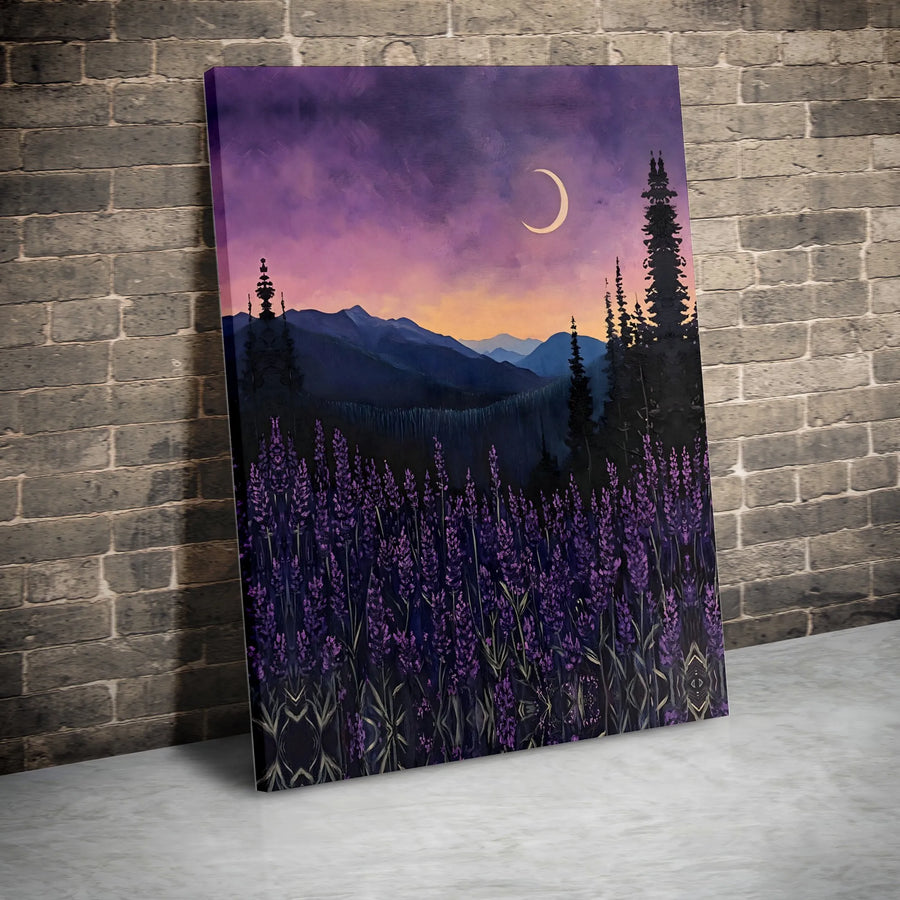 Lavender Mountain Canvas Print | Twilight Lavender Field with Crescent Moon | Premium Gallery Wrapped Canvas | Nature Inspired Home Decor Gift