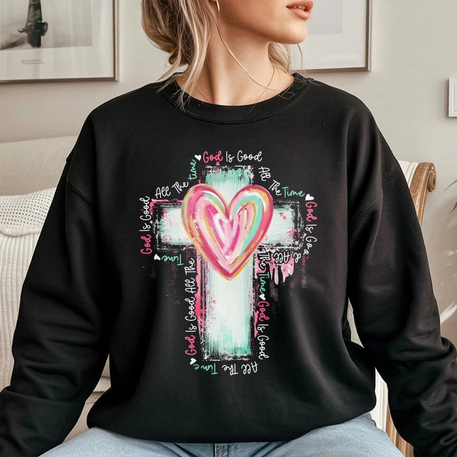 God Is Good All The Time Sweatshirt | Watercolor Cross & Heart Design | Premium Cotton Blend | Christian Religious Gift for Women and Men
