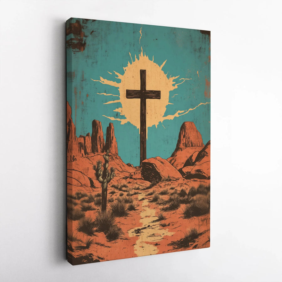 Christian Cross Canvas Wall Art | Vintage Southwest Desert Print | Premium Frameless Canvas | Spiritual Home Decor Gift