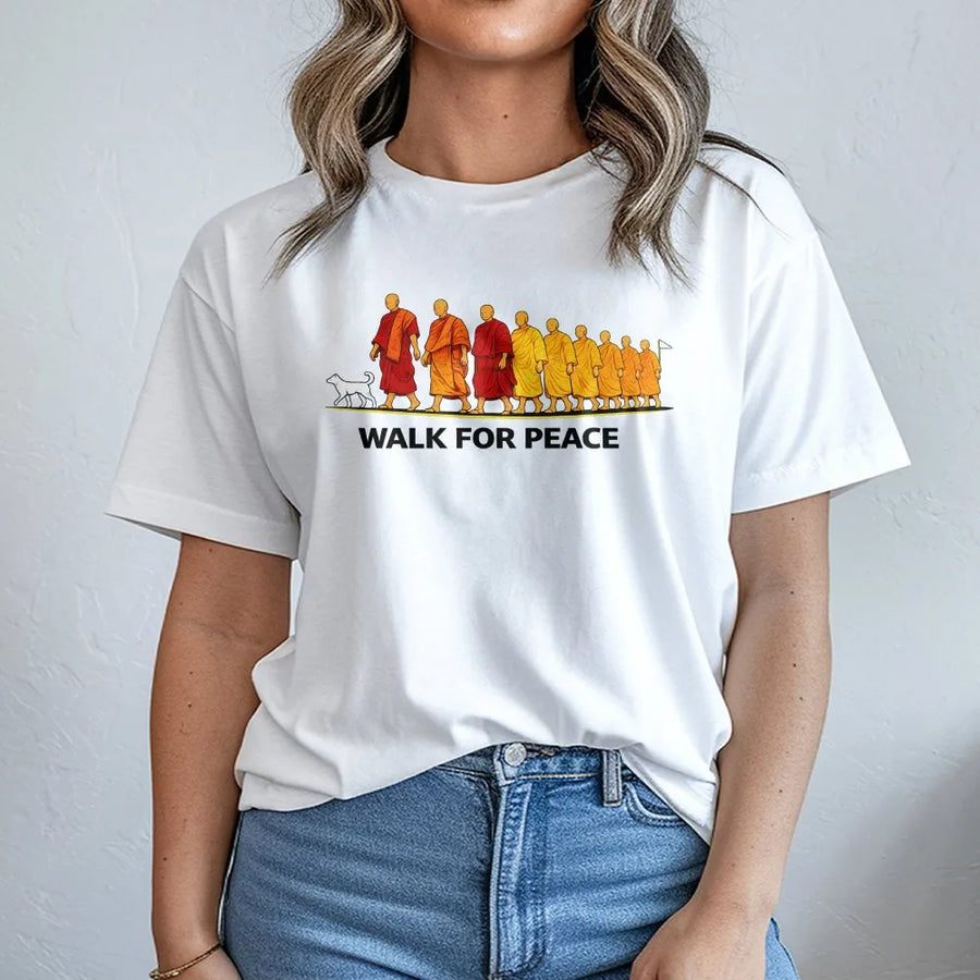 Walk For Peace T-Shirt | Buddhist Monk Dog Graphic Tee | Premium 100% Cotton Apparel | Inspirational Spiritual Gift for Yoga Lovers