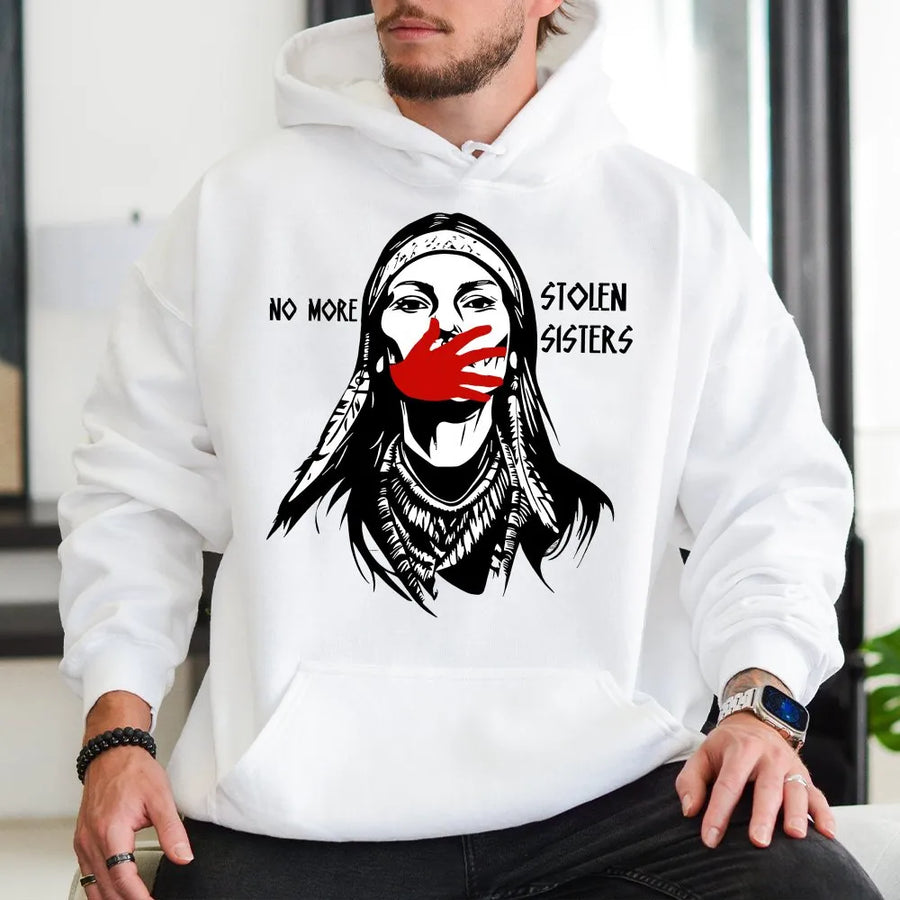 No More Stolen Sisters Hoodie | MMIW Red Handprint Graphic | Premium Soft Cotton Tee | Indigenous Rights Awareness Gift