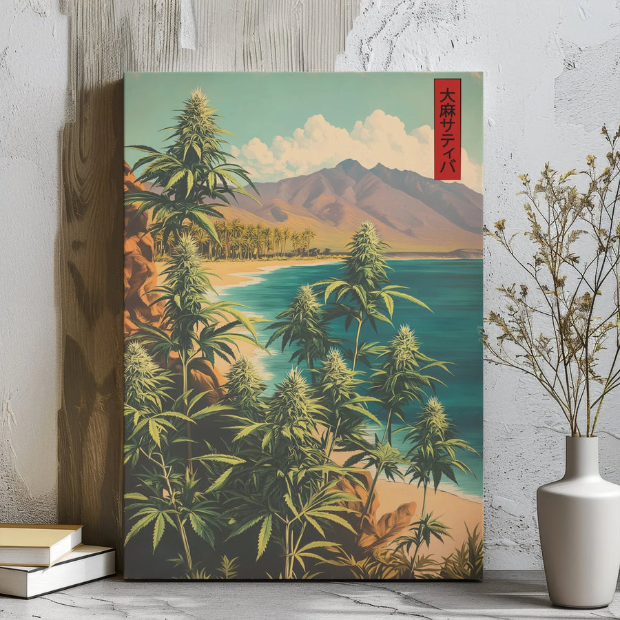 Cannabis Sativa Tropical Beach Canvas | Japanese Art Style Botanical Wall Decor | Premium 1.25-Inch Gallery Wrap | Unique Gift for Weed Enthusiasts