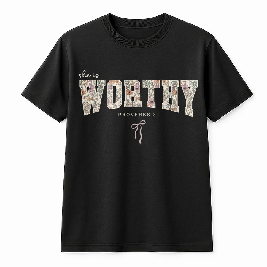 She Is Worthy T-Shirt | Floral Proverbs 31 Christian Graphic Tee | Premium Cotton Bible Verse Apparel | Encouraging Faith-Based Religious Gift