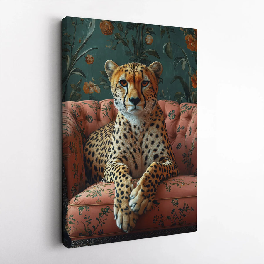 Cheetah Wall Art Print | Elegant Animal Portrait on Floral Sofa | Premium Gallery Wrapped Canvas | Luxury Home Decor Gift