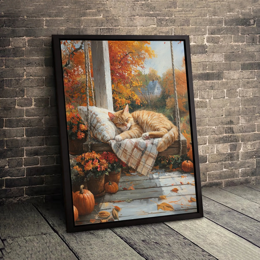 Sleeping Orange Tabby Cat Canvas | Autumn Porch Swing Decor | Gallery Quality Premium Print | Fall Season Home Gift for Cat Lovers