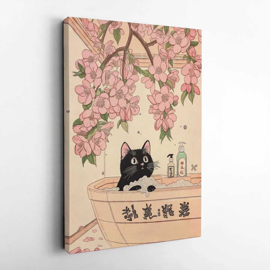 Japanese Black Cat Canvas Wall Art | Ukiyo-e Style Sakura Bath Print | Premium Gallery-Wrapped Decor | Unique Gift for Cat Lovers