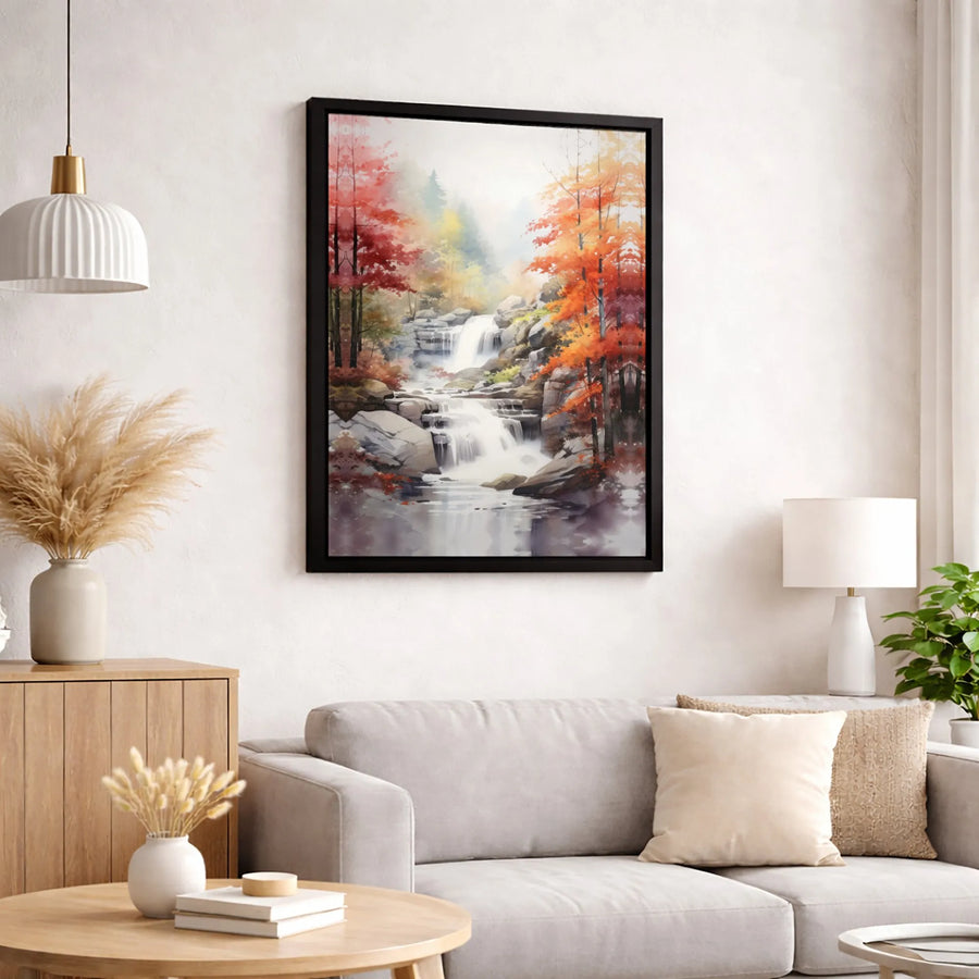 Autumn Waterfall Wall Art | Watercolor Forest Landscape Canvas | Premium 1.25 Inch Gallery Wrap | Nature Home Decor For Living Room