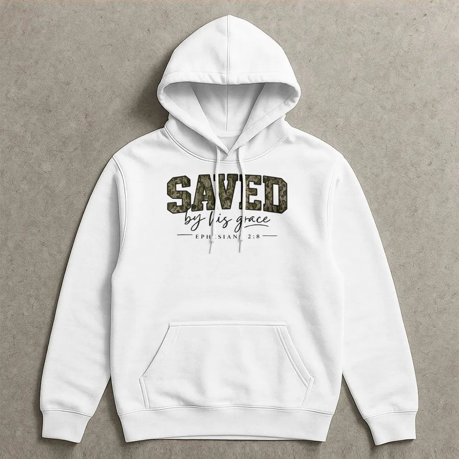 Saved By Grace Hoodie | Camo Print Bible Verse Graphic | Soft Cotton Blend | Christian Faith Apparel Gift for Men & Women