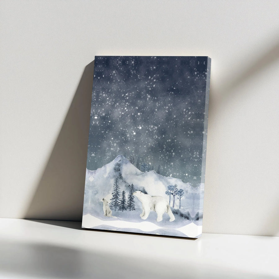 Polar Bear Wall Art Canvas | Watercolor Snowy Mountain Landscape | Gallery Wrap 1.25 Inch Thick | Nursery Decor & Winter Wildlife Gift