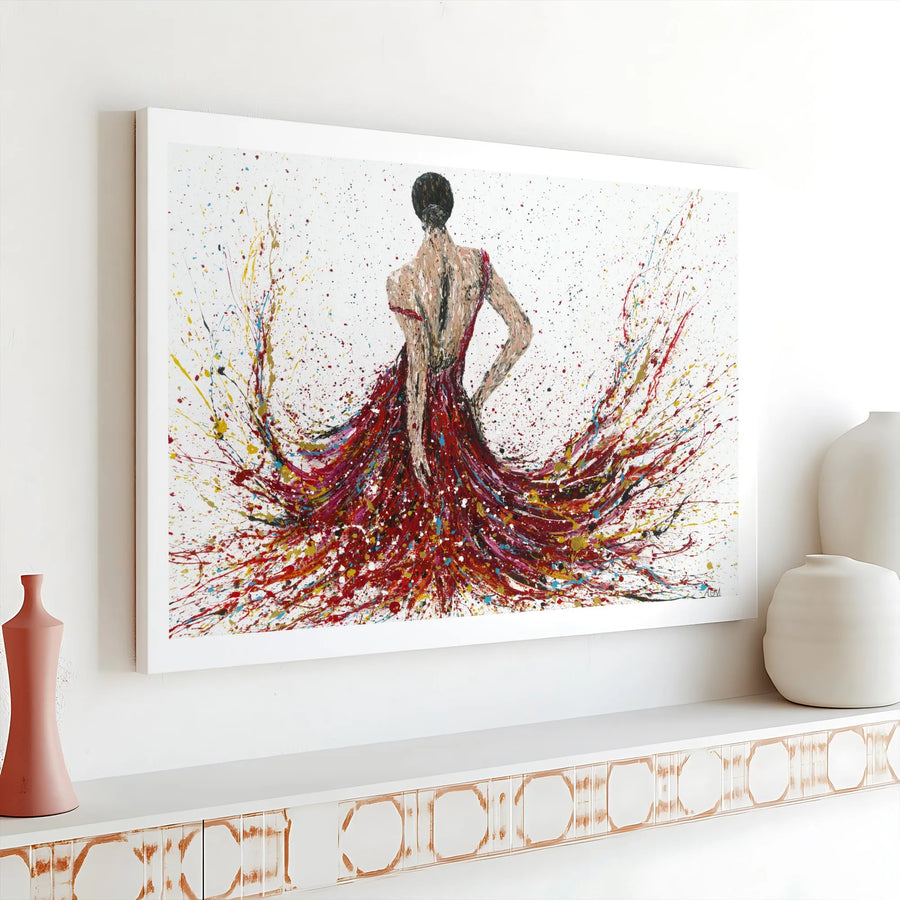 Flamenco Dancer Wall Art | Abstract Red Dress Paint Splatter Print | 1.25 Inch Gallery Wrap Canvas | Premium Home Decor Gift